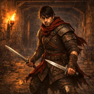 Redbrand Bladehand agile duelist in studded leather standing in torchlit stone corridor