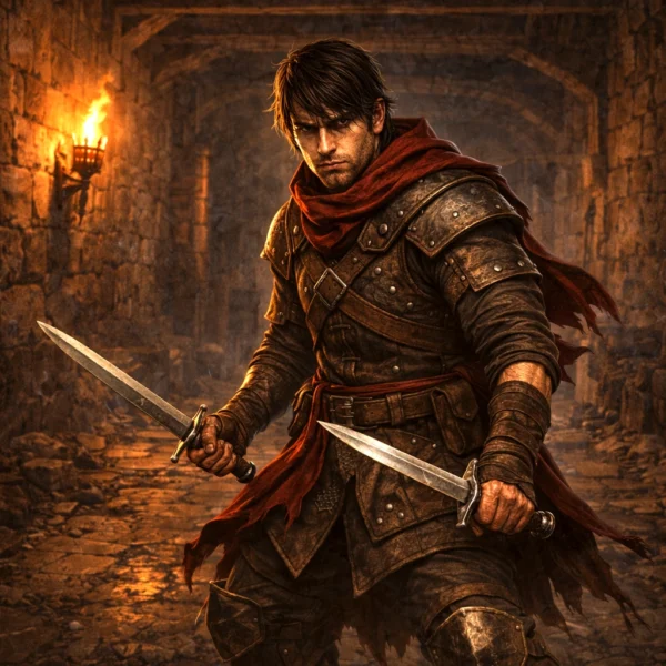 Redbrand Bladehand agile duelist in studded leather standing in torchlit stone corridor