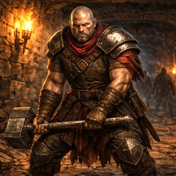 Redbrand Breaker wielding a heavy maul inside a ruined manor corridor