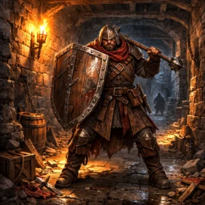 Redbrand Bulwark standing in a narrow stone corridor with shield raised and mace ready