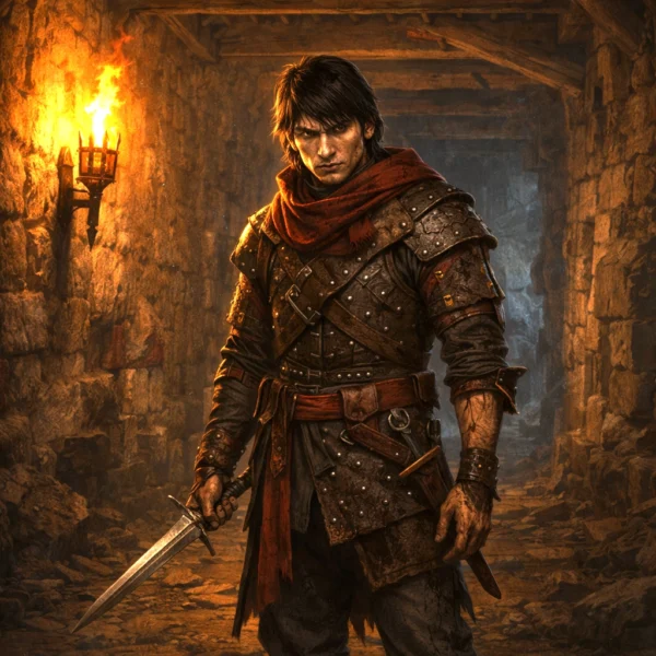 Redbrand Knave in studded leather armor standing in a dim cellar corridor with sword ready