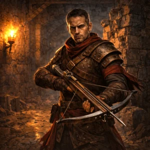 Redbrand Marksman holding a heavy crossbow in a torchlit stone corridor beneath a ruined manor.