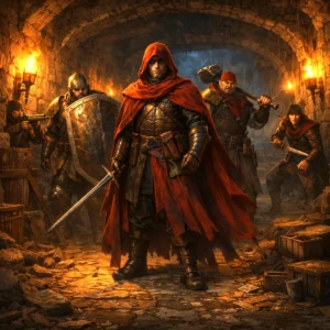 A coordinated Redbrand gang with six distinct roles including a red-cloaked lieutenant in a dungeon corridor