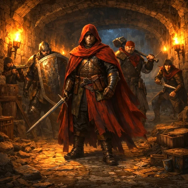 A coordinated Redbrand gang with six distinct roles including a red-cloaked lieutenant in a dungeon corridor