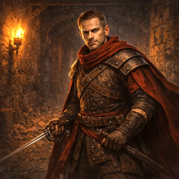 Redbrand Redcloak standing in a torchlit stone corridor with rapier ready