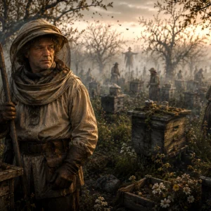Creature Feature – Rindle Snobeedle Rindle Snobeedle standing among orchard beehives while fog and distant scarecrows loom behind him.