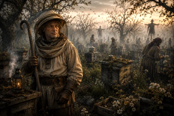Creature Feature – Rindle Snobeedle Rindle Snobeedle standing among orchard beehives while fog and distant scarecrows loom behind him.