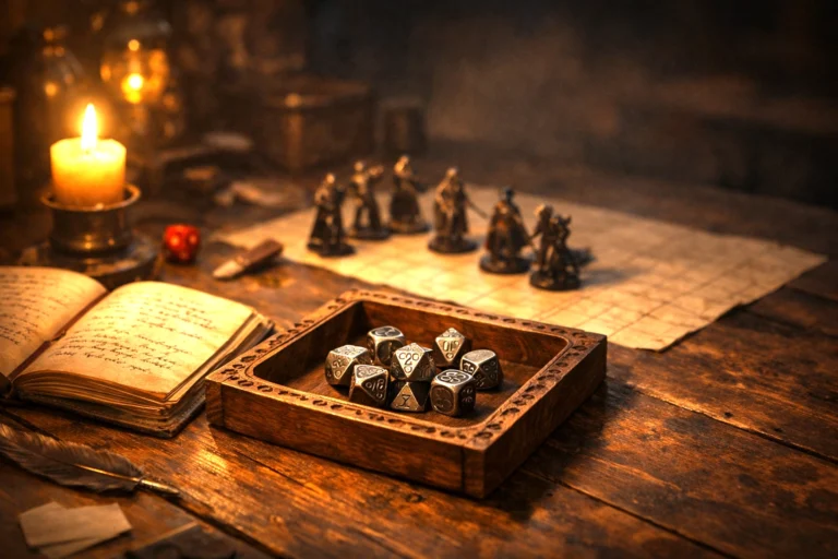 Dungeons & Dragons table setup with metal dice in tray, candlelight, and DM journal ready for a session