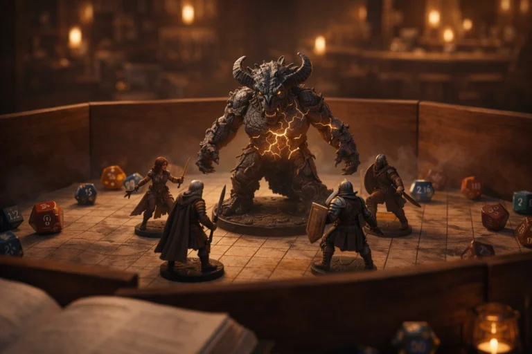 Dungeon Master adjusting a monster miniature on a battle map to represent scaling monster difficulty in Dungeons & Dragons 5e.