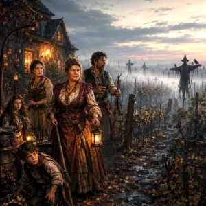 The Stoutfellow family standing together in their vineyard while fog rolls across the western fields.