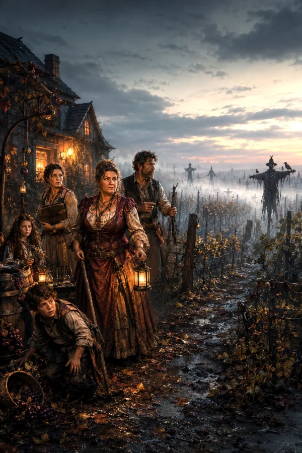 Stoutfellow Family Creature Feature Bundle The Stoutfellow family standing together in their vineyard while fog rolls across the western fields.