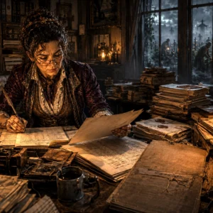 Creature Feature – Tansy Snobeedle Tansy Snobeedle reviewing contracts and investigation files late at night inside the Snobeedle estate offices.