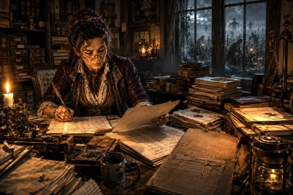 Creature Feature – Tansy Snobeedle Tansy Snobeedle reviewing contracts and investigation files late at night inside the Snobeedle estate offices.