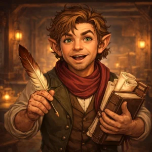 Portrait of a halfling guild representative holding scrolls and a quill