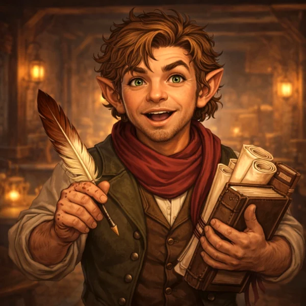 Portrait of a halfling guild representative holding scrolls and a quill