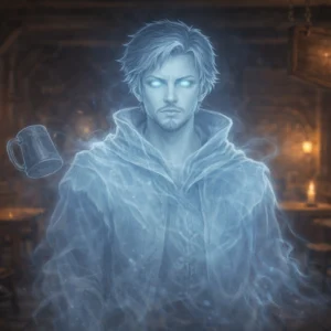 Ghostly tavern owner floating inside a dim wooden tavern with a soft blue spectral glow