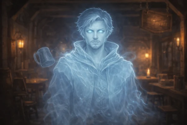 Ghostly tavern owner floating inside a dim wooden tavern with a soft blue spectral glow