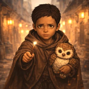 Young boy wizard with a wand and stuffed owlbear standing in a city alley