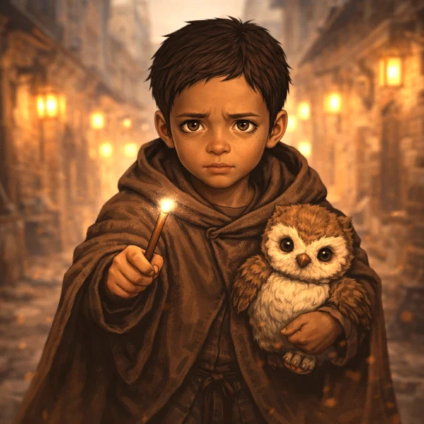 Young boy wizard with a wand and stuffed owlbear standing in a city alley