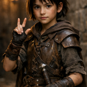 Portrait of a young street girl in leather armor using sign language in a dimly lit alley