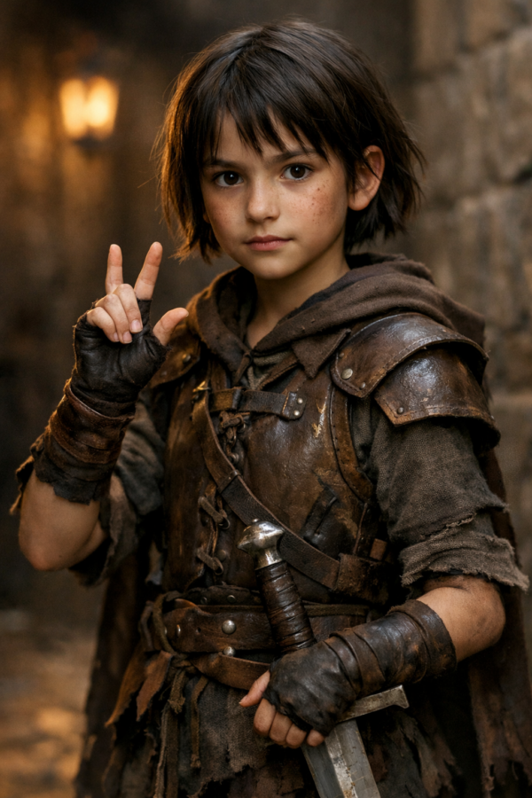 Portrait of a young street girl in leather armor using sign language in a dimly lit alley