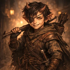 Portrait of a young tiefling street boy with an eyepatch holding a shortbow