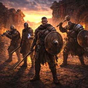 Five veteran soldiers in disciplined formation including commander, archer, brute, arcanist, and thug in a ruined courtyard