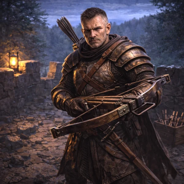 Veteran Archer standing on a ruined battlement holding a heavy crossbow at dusk.