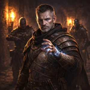 Veteran Arcanist standing in fortified corridor channeling controlled arcane energy