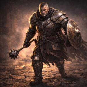 Armored Veteran Brute holding a heavy mace in a cracked stone courtyard, ready for battle.