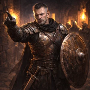 Veteran Commander in worn half-plate armor directing soldiers in a fortified interior.