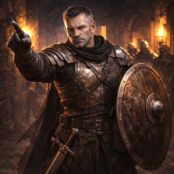 Veteran Commander in worn half-plate armor directing soldiers in a fortified interior.