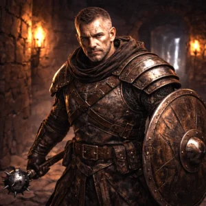 A scarred veteran thug in chain armor holding a mace and shield in a stone alley, ready for combat.