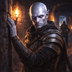 A doppelganger infiltrator in a torchlit corridor with disciplined veteran silhouettes nearby.