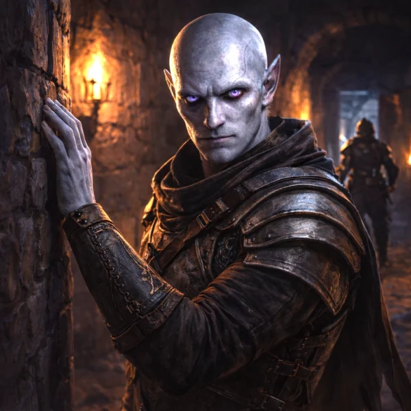 A doppelganger infiltrator in a torchlit corridor with disciplined veteran silhouettes nearby.