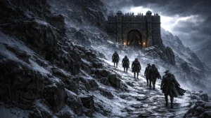 Adventurers climb a snowy mountain road toward a fortified gatehouse in Voxels & Valor Session 10.