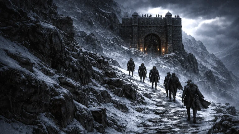 Adventurers climb a snowy mountain road toward a fortified gatehouse in Voxels & Valor Session 10.