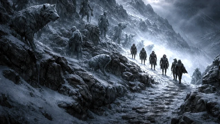 Adventurers climbing a frozen mountain road past ice-locked creatures, unaware of the danger ahead