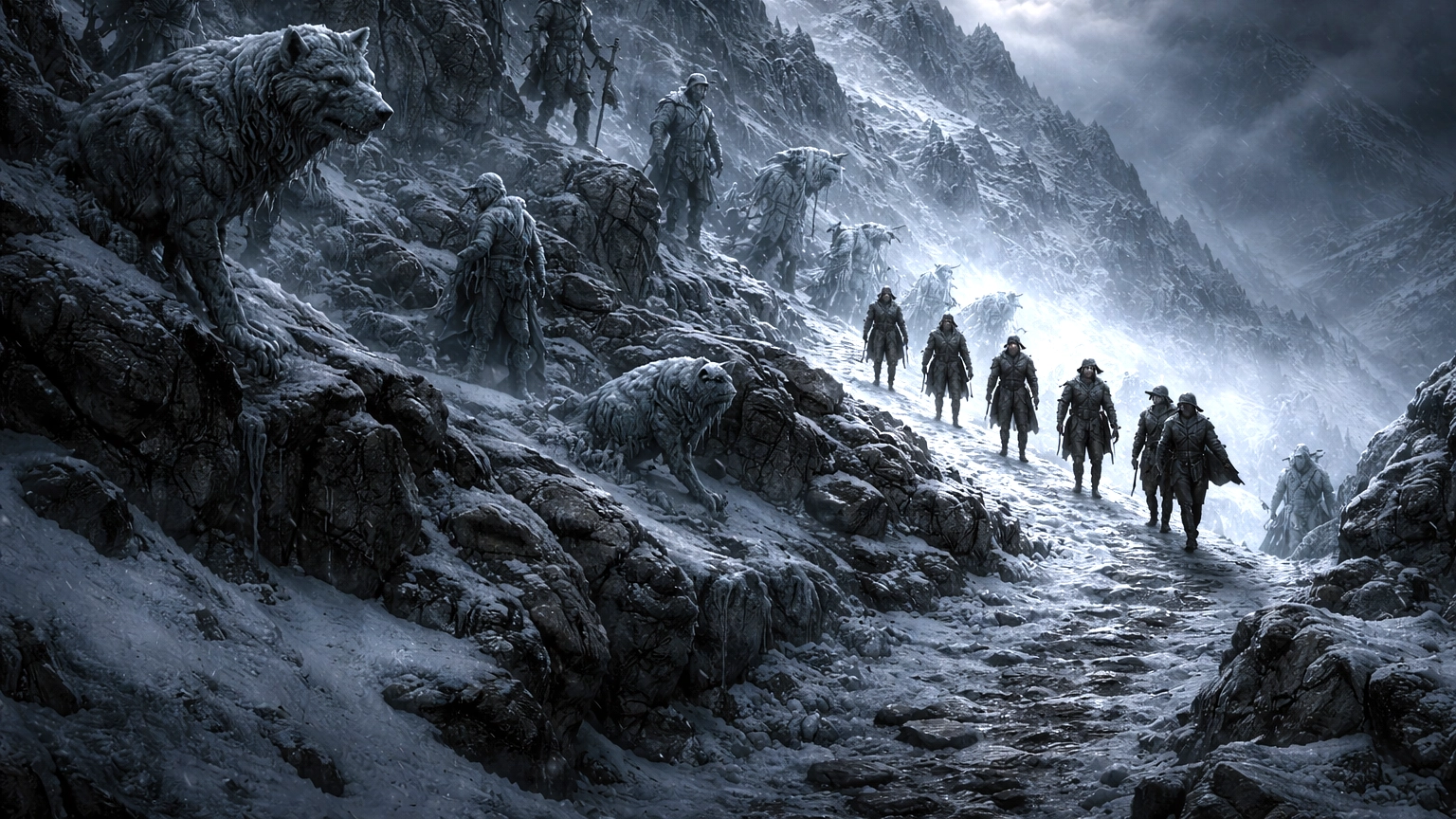 Adventurers climbing a frozen mountain road past ice-locked creatures, unaware of the danger ahead