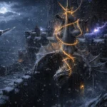 A young white dragon suspended by magic above a frozen keep as adventurers attack from battlements