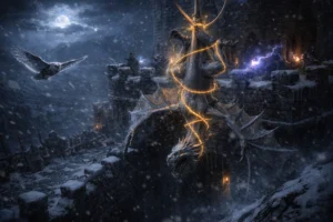 A young white dragon suspended by magic above a frozen keep as adventurers attack from battlements