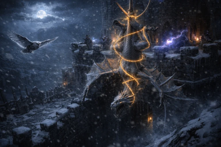 A young white dragon suspended by magic above a frozen keep as adventurers attack from battlements