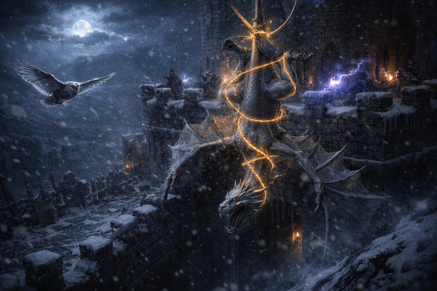 A young white dragon suspended by magic above a frozen keep as adventurers attack from battlements