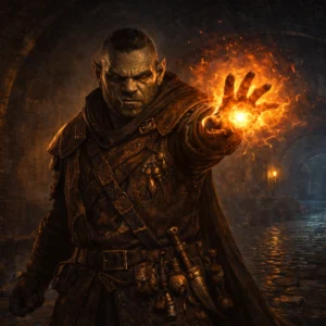 Half-orc spellcaster casting fire magic in a sewer chamber beneath a fantasy city