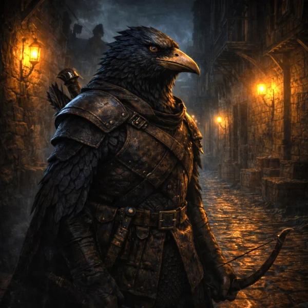 Kenku Guard standing in a lantern-lit Waterdeep alley, raven-headed urban ambusher in leather armor holding a shortbow.
