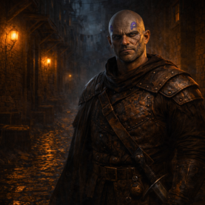 Krentz, scarred human enforcer with purple eye-shaped tattoos, standing in a dark Waterdeep alley in studded leather armor