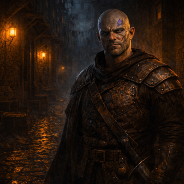 Krentz, scarred human enforcer with purple eye-shaped tattoos, standing in a dark Waterdeep alley in studded leather armor