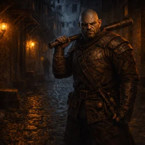 Xanathar Guild thug standing in a wet Waterdeep alley at night