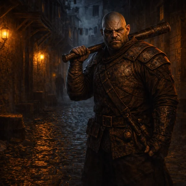 Xanathar Guild thug standing in a wet Waterdeep alley at night