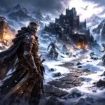 A shapeshifting traveler stands on a frozen mountain road leading toward an obsidian fortress beneath icy peaks.